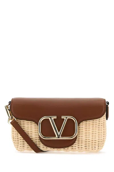 Valentino Garavani Two-tone Leather And Raffia Crossbody Bag In Naturaleselleria