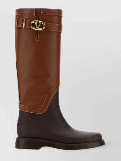 Valentino Garavani Two-tone Leather And Rubber Vlogo Bold Boots In Brown