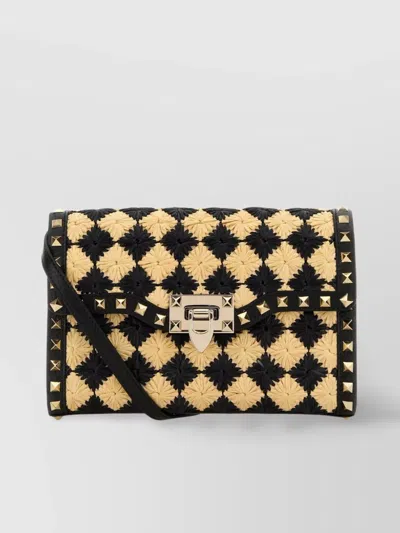 Valentino Garavani Two-tone Raffia Rockstud Crossbody Bag In Black
