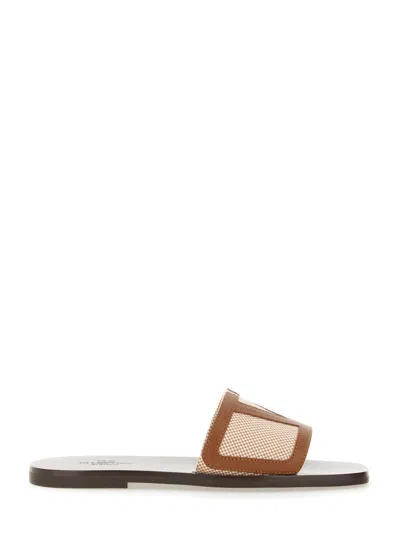 Valentino Garavani Two-tone Canvas And Leather Viva Superstar Slippers In Brown