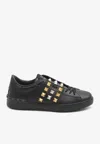 Valentino Studded Leather Sneakers Rubber Sole In Black