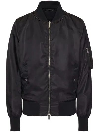 Valentino Stud Detailed Zip-up Bomber Jacket In Black
