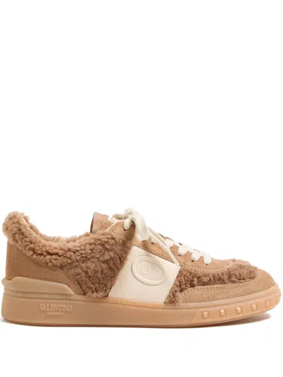 Valentino Garavani Upvillage Suede Shearling Low-top Sneakers In Brown