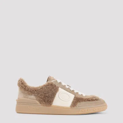 Valentino Garavani Upvillage Suede Shearling Low-top Sneakers In Brown