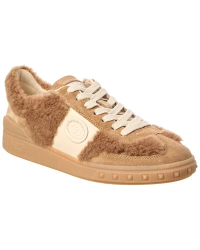Valentino Garavani Upvillage Suede Shearling Low-top Sneakers In Brown