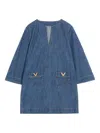 Valentino Vlogo Signature Mini Dress With V-neck And Pockets In Blue