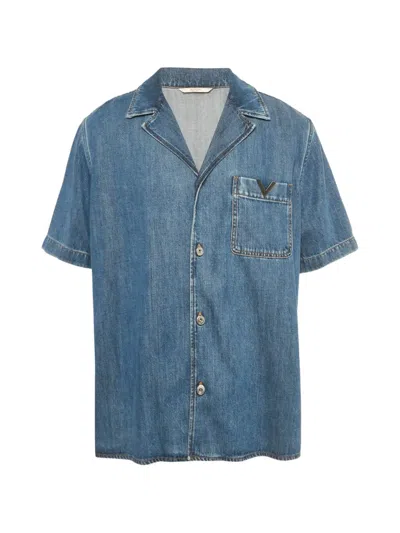 Pre-owned Valentino V-detail Denim Bowling Shirt In Blue