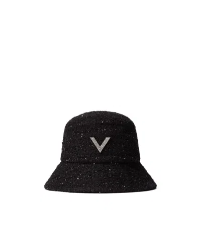 Valentino Garavani V Detail Tweed Bucket Hat With Metal V Appliqué And Swarovski Crystal Pavé In Black