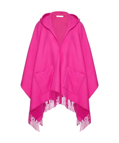 Valentino V Detail Wool And Cashmere Poncho With Hood And Metal V Appliqué In Pink