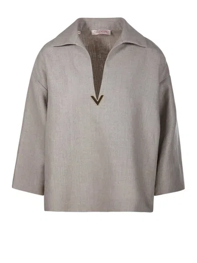 Valentino V Detailed Collared Blouse In Beige