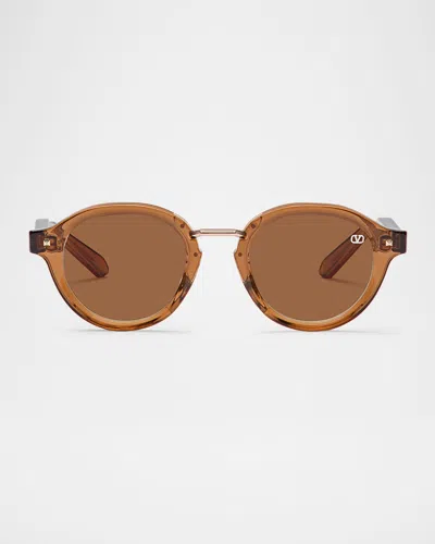 Valentino Garavani V-essential Iv Acetate & Titanium Round Sunglasses In Brown