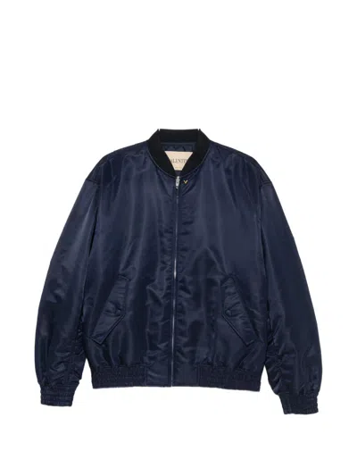 Valentino Satin Zip-up Bomber Jacket With Ribbed Collar And Elasticized Cuffs In Navy