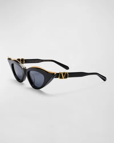 Valentino V Goldcut Ii Acetate & Titanium Cat-eye Sunglasses In Blk-gld