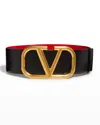 Valentino Garavani V-logo 70mm Wide Box Leather Belt In Nero / Rouge