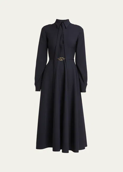 Valentino V-logo Belt Scarf-neck Long-sleeve Midi Shirtdress In Blue