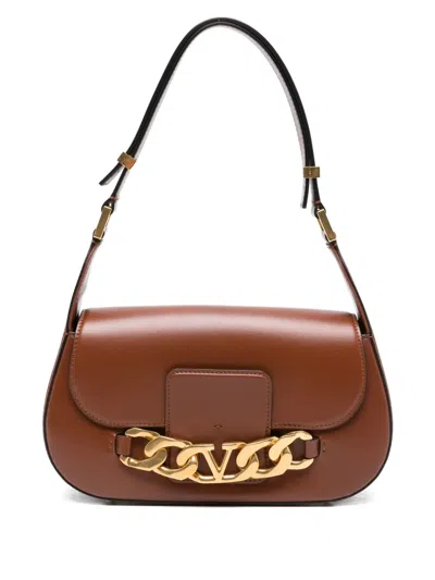 Pre-owned Valentino Garavani V-logo Chain Leather Shoulder Bag In Brown
