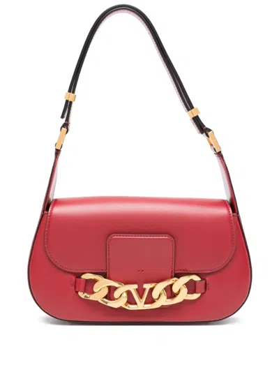 Pre-owned Valentino Garavani V-logo Chain Leather Shoulder Bag In Red