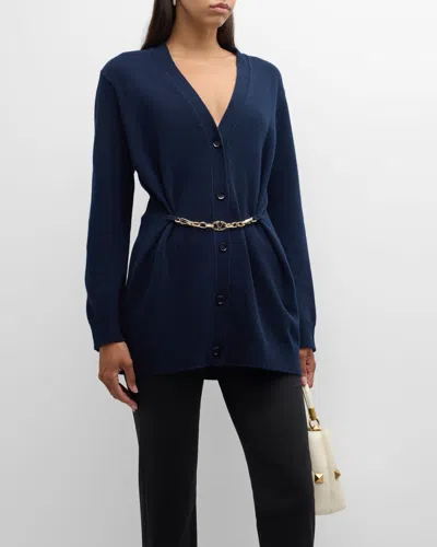 Valentino V-logo Chain Wool Cardigan In Blue
