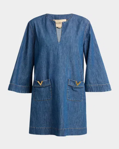 Valentino Vlogo Signature Denim Dress Three Quarter Sleeves In Blue