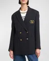 Valentino Virgin Wool Double Breasted Blazer With Metallic Monogram In Navy