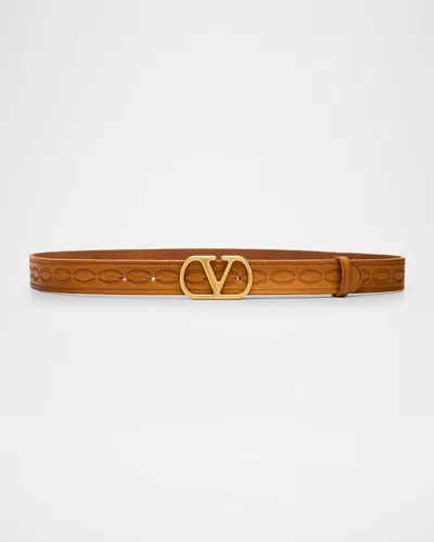 Valentino Garavani V-logo Leather Belt In Rc9 Light Saddle