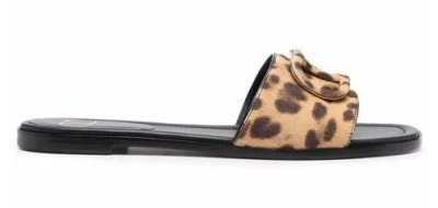 Pre-owned Valentino Garavani Valentino V Logo Leopard Black Brown Pony Fur Slides Mule Slip On Sandal Flat 37