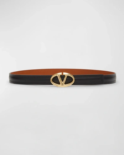 Valentino Garavani V-logo Moon Leather Belt In Nero Naturale Tan