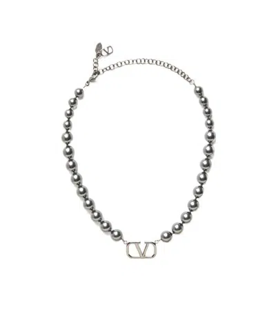 Valentino Garavani V-logo Pearly Bead Necklace In Silver