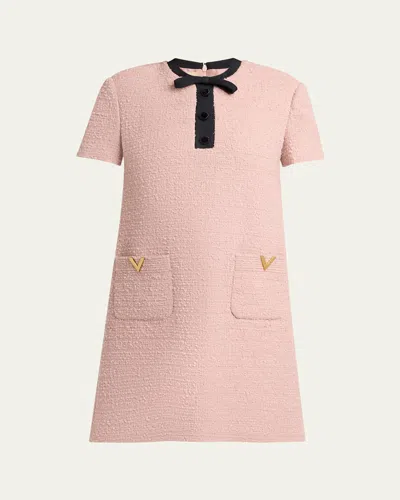 Valentino V-logo Pocket Bow-neck Tweed Mini Dress In Pink