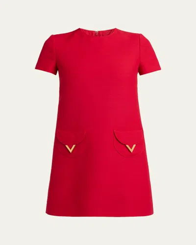 Valentino V-logo Pocket Short-sleeve Crepe Mini Dress In Red