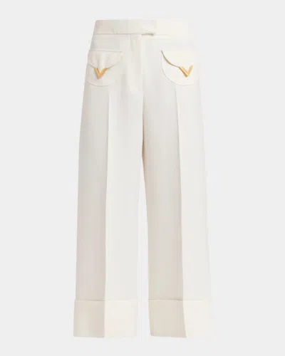 Valentino V-logo Pocket Wide-leg Crop Pants In White