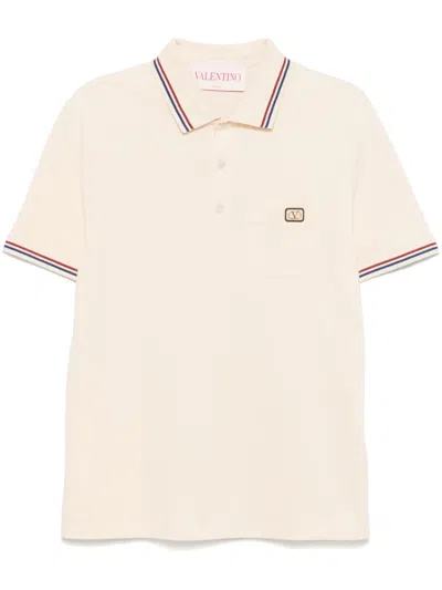 Valentino Cotton Piqué Polo Shirt With V-logo Patch In Neutral