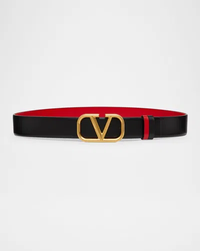 Valentino Garavani V-logo Reversible Leather Belt In 0sm Nero Rouge Pur