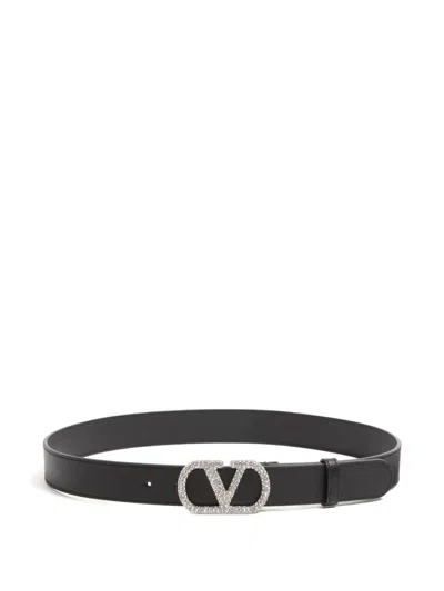 Valentino Garavani Vlogo Signature Belt In Shiny Calfskin With Crystals 30 Mm Woman Black 090