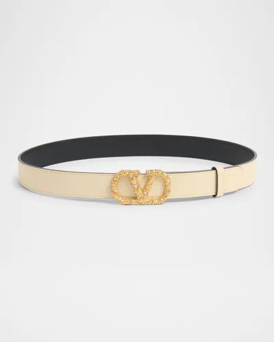 Valentino Garavani V-logo Signature Embellished Leather Belt In Qxn Butter White Crystal