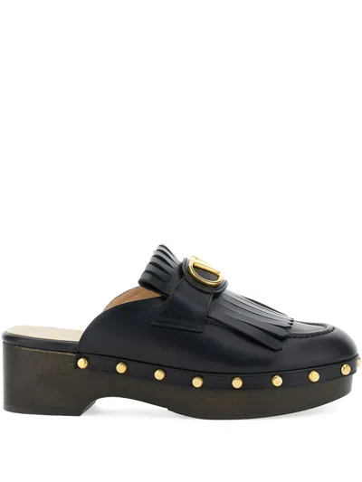Valentino Garavani V-logo Signature Fringed Mules In Black
