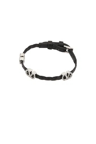 Valentino Garavani V Logo Signature Leather Bracelet In Nero & Crystal Silver Shade
