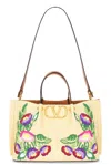 Valentino Garavani Beige Handbag With Metallic Vlogo On The Front And Floral Embroidery In Raffia Wo In Naturale & Multicolor