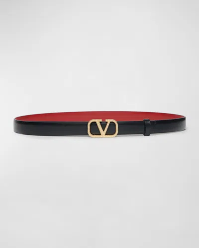 Valentino Garavani V-logo Signature Reversible Leather Skinny Belt In Black