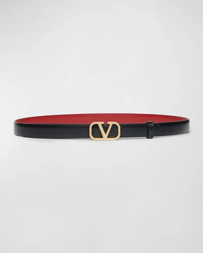 Valentino Garavani V-logo Signature Reversible Leather Skinny Belt In Nero Rosso V