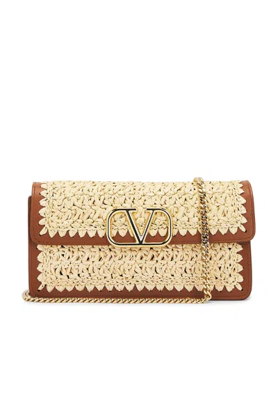 Valentino Garavani Vlogo Signature Raffia Wallet With Strap In Beige