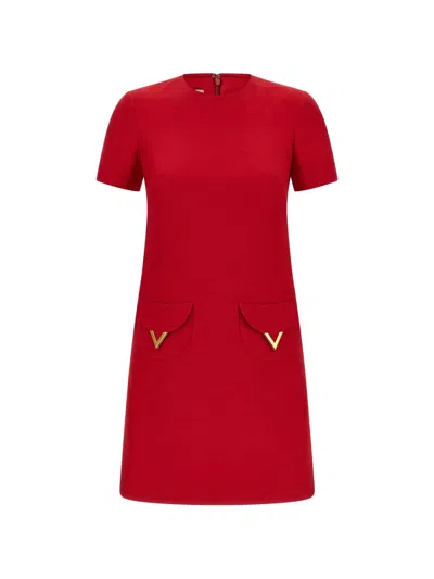 Valentino V Logo Signature Wool And Silk Dress In Red