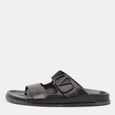 Pre-owned Valentino Garavani V Logo Size 43 Black Leather Flat Slides