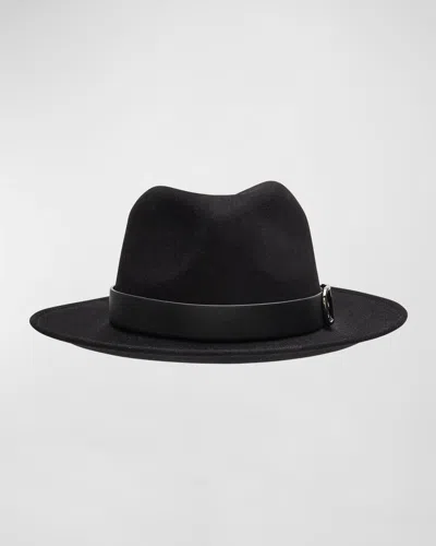 Valentino Garavani V-logo Wool Fedora With Leather Band In Yzy Nero Nero Oro