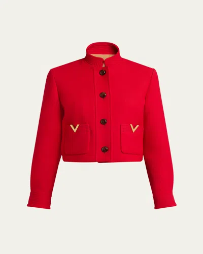Valentino V-logo Wool-silk Single-breasted Peacoat In Red