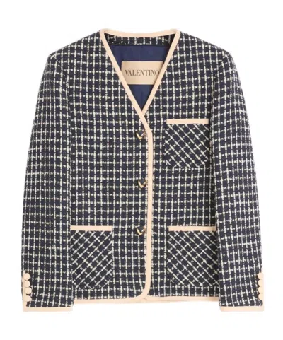 Valentino Boucle Wool Blend Jacket With Contrast Trim In Blue