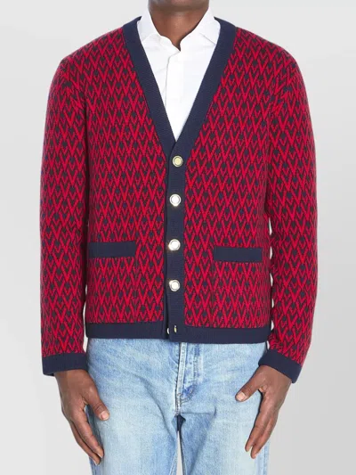 Valentino Toute La V Jacquard Wool Cardigan In Red