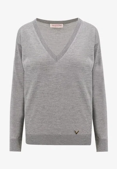 Valentino V-neck Cashmere Sweater In Gray