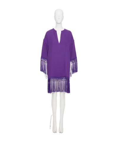 Valentino Fringed Keyhole Neckline Mid-length Sleeves Dress In Purple
