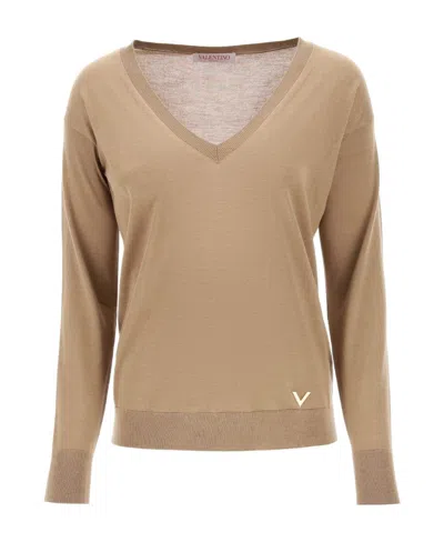 Valentino V-neck Fine-knit Jumper In Nude